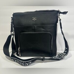 Gussaci Solid Black Leather With Silver Hardware/Crossbody Bag